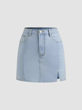 Mini Jupe Fendue Taille Haute Unie en Denim