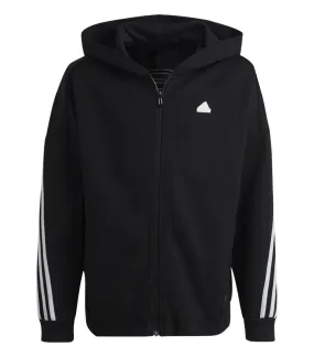 Sweat adidas Junior zippé à capuche noir en partie en matière recyclée à bandes emblématiques continues et logo blancs